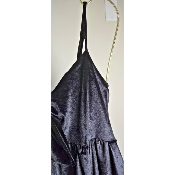 TCEC Women's M Black Mini Dress Spaghetti Straps Bow Pockets Smocking Velour - Picture 5 of 16